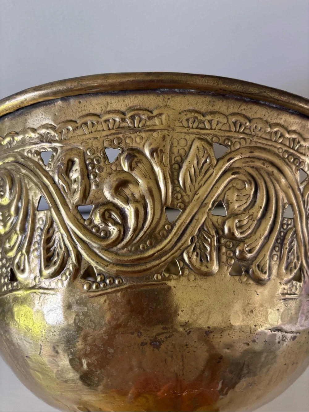 Brass Pedestal Bowl with Embossed Floral Motif - Gold Tone